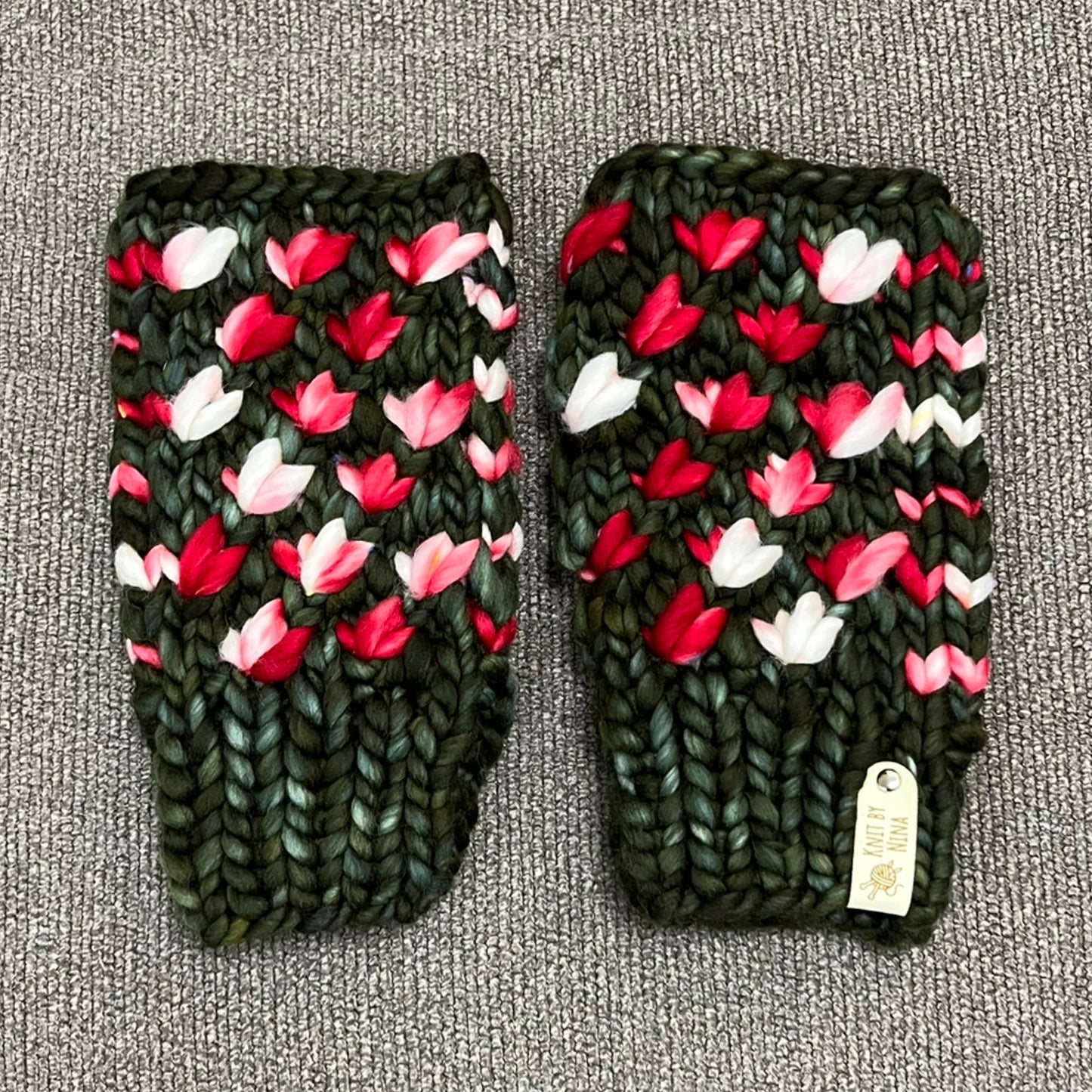 Red Swirl & Olive Luxury Lotus Flower Fingerless Mitts