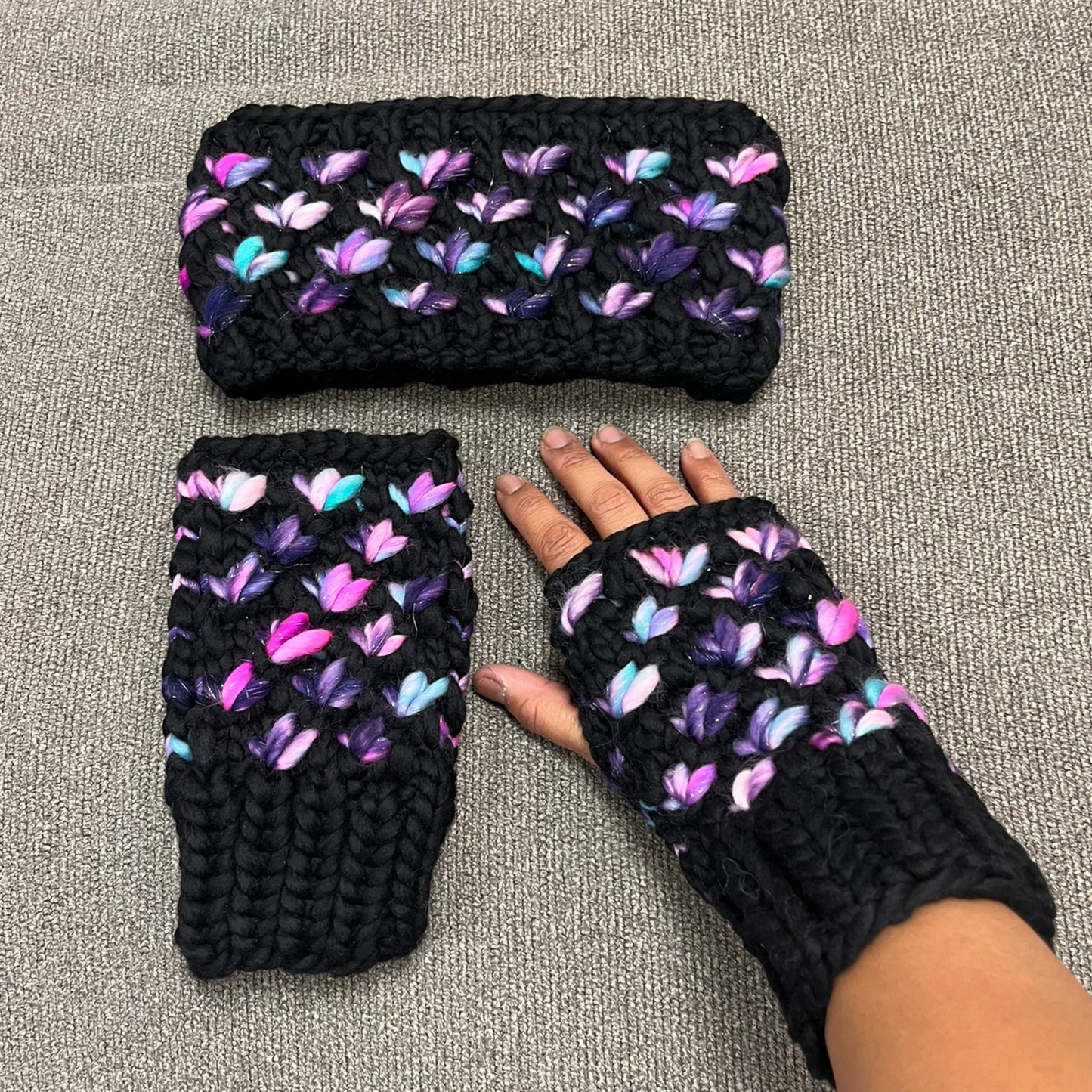 Black, Pink Navy Shimmer Luxury Lotus Flower Ear Warmer & Fingerless Mitt Set