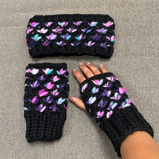 Black, Pink Navy Shimmer Luxury Lotus Flower Ear Warmer & Fingerless Mitt Set
