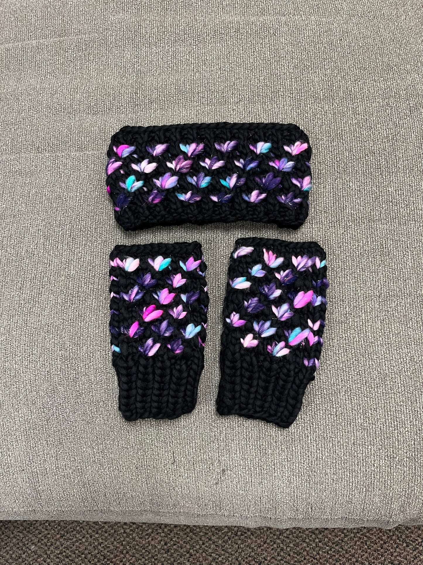Black, Pink Navy Shimmer Luxury Lotus Flower Ear Warmer & Fingerless Mitt Set
