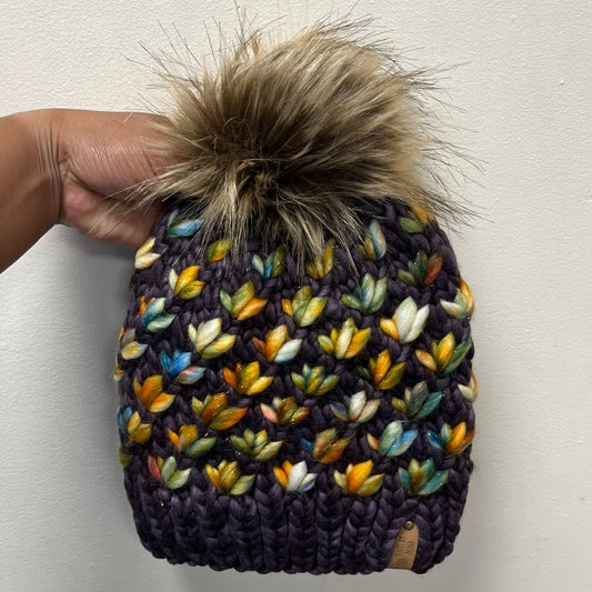 Dark Brown & Neuschwanstein in Fall Shimmer Luxury Lotus Flower Beanie