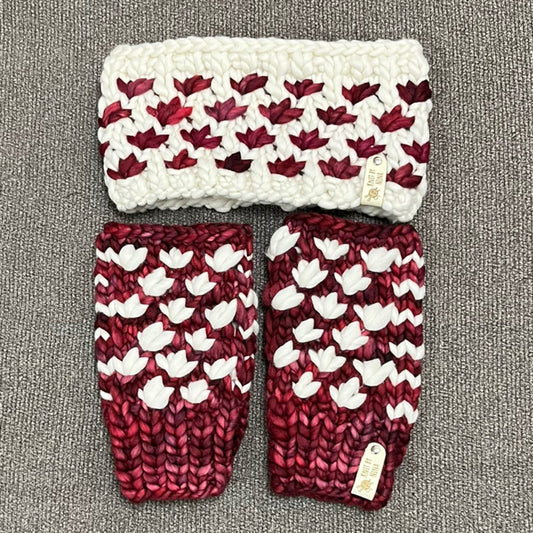 Red & White Luxury Lotus Flower Ear Warmer & Fingerless Mitt Set