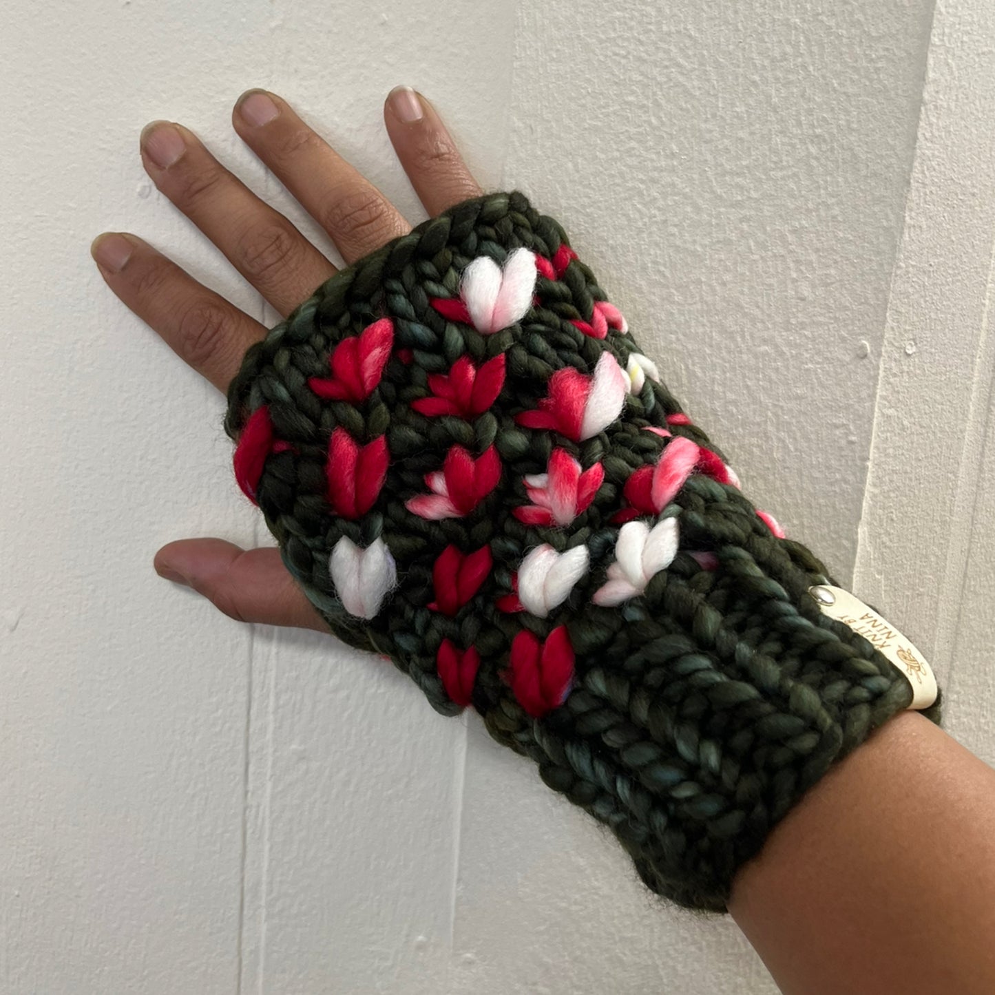 Red Swirl & Olive Luxury Lotus Flower Fingerless Mitts