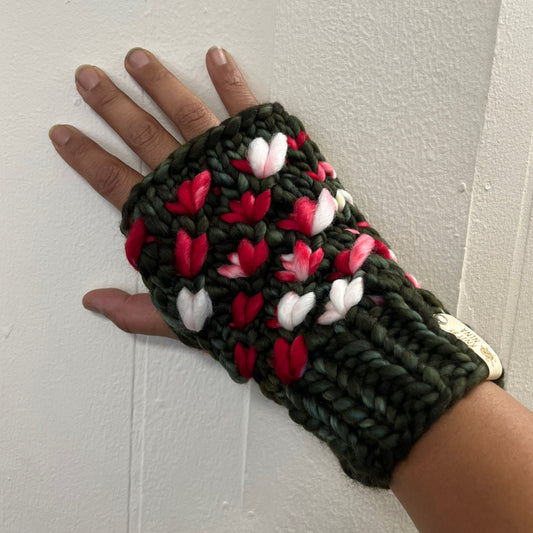 Red Swirl & Olive Luxury Lotus Flower Fingerless Mitts