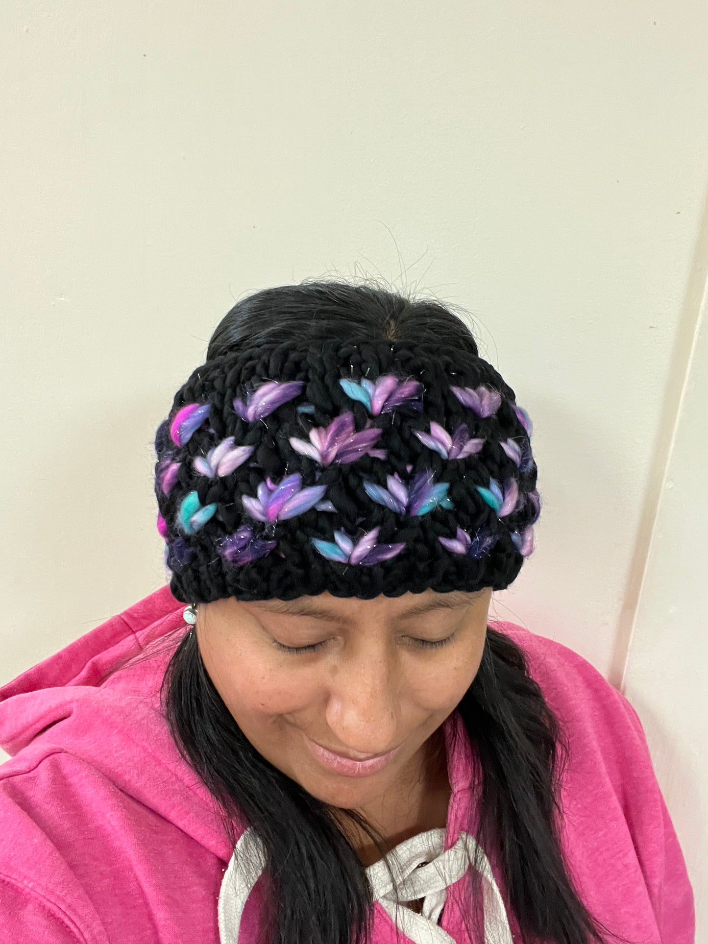 Black, Pink Navy Shimmer Luxury Lotus Flower Ear Warmer & Fingerless Mitt Set