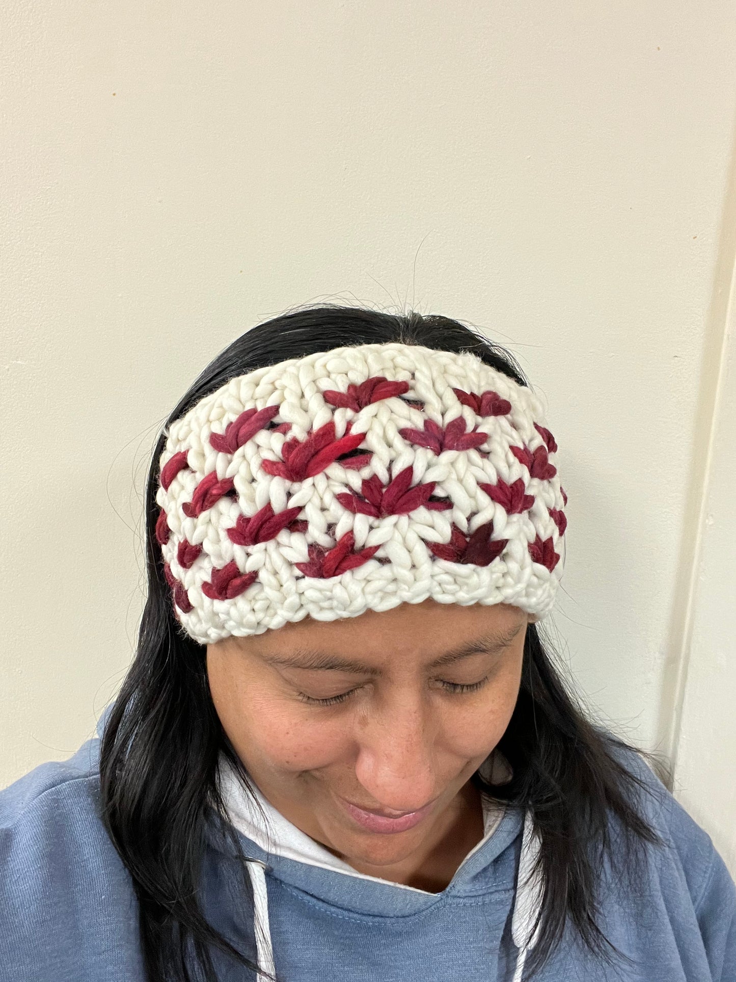 Red & White Luxury Lotus Flower Ear Warmer & Fingerless Mitt Set