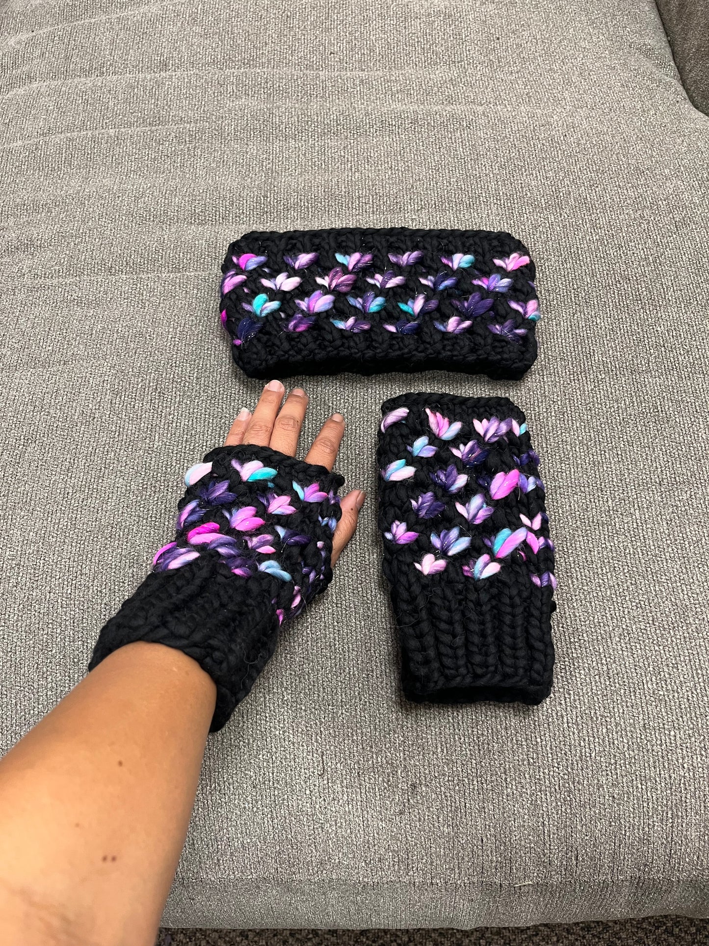Black, Pink Navy Shimmer Luxury Lotus Flower Ear Warmer & Fingerless Mitt Set