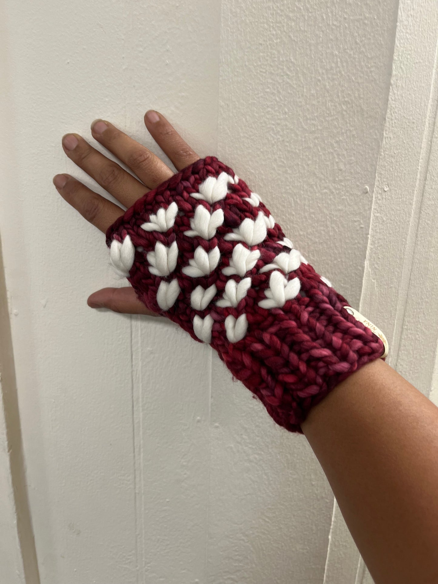 Red & White Luxury Lotus Flower Ear Warmer & Fingerless Mitt Set
