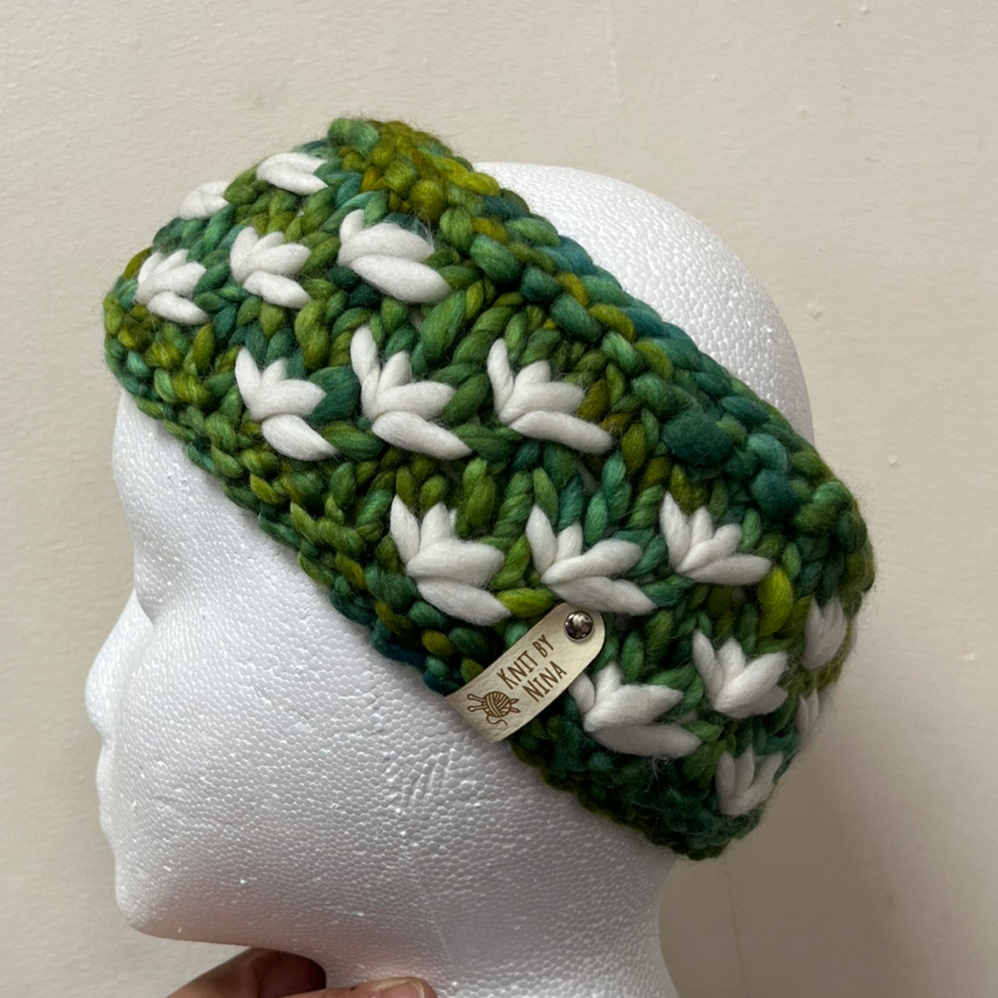 Green & White Luxury Lotus Flower Ear Warmer