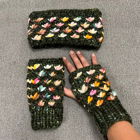 Olive Luxury Lotus Flower Ear Warmer & Fingerless Mitt Set